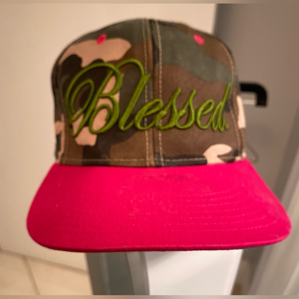 Blessed Camouflage Trucker Hat, Hot pink Brim, Green Embroidery Letters